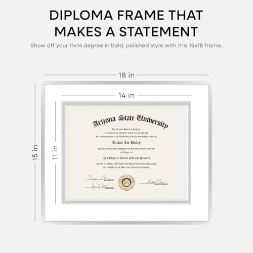 Homeforia 15x18 Silver Diploma Frame, High-End Metal, 11x14 Mat, Glass