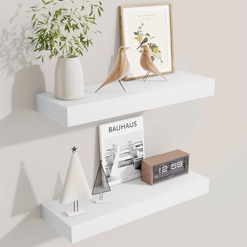 Fun Memories Floating Shelves Bathroom for Wall Mounted Shelves, 20 Inch Wood Shelf Set of 2, Home Storage & Display Decor, White