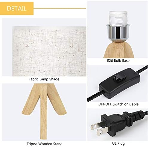 HAITRAL Small Table Lamps - Wooden Tripod Nightstand Lamps Set of 2 for Bedroom, Living Room, Office, Home with Fabric Linen Shade