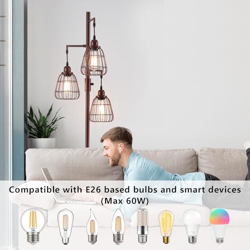 9MMML Dimmable Floor Lamp,Industrial Farmhouse Tall Standing Floor Lamp for Living Room, Bedroom Office,3 Teardrop Cage Lampshade,3 LED Bulbs Inculded. 68'' Tall