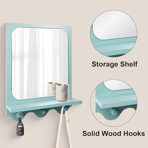16 x 12 Inch Wooden Framed Wall Mounted Mirror with Shelf and 3 Hooks, Small Real Glass Entryway Hanging Mirror for Bedroom Bathroom Living Room, Blue