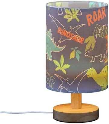 Green-Blue-Orange Dinosaur Table Lamp Bedside Lamps with USB Port,Wood Base Round Flaxen Fabric Shade for Bedroom