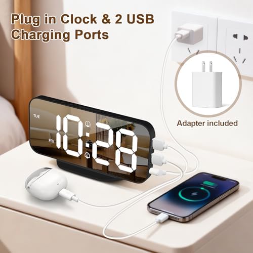 ALANAS Slim Digital Alarm Clock, Big Mirror Display with Dual USB Charger Ports, Dual Alarms, Snooze, 4-Level Adjustable Dimmer, for Bedroom, Office, Desk, Dorm, College Students, Home (Black)