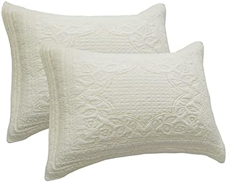 vctops 2-Piece Embroidered Cotton Quilted Pillow Shams Vintage Floral Decorative Pillow Covers Boho Pillow Cases Queen Size, Beige A