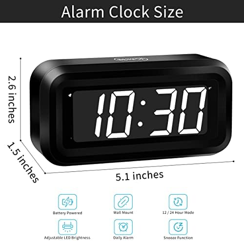 KWANWA Kids Alarm Clock, White LED, Battery, Auto-Night Mode, 12Hr/24Hr, Small, Travel, Bedside, Wall-Mount/Table-top, Easy to Read