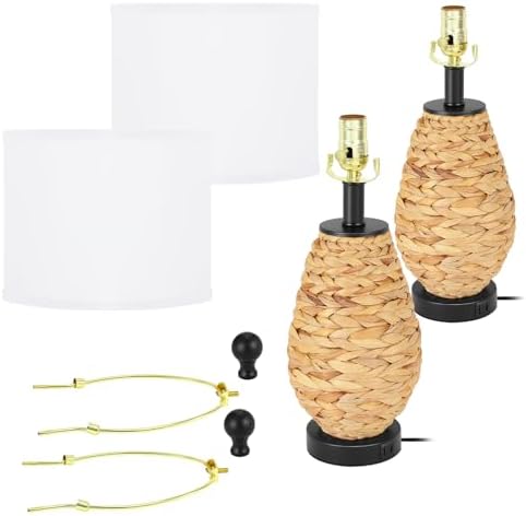 Coastal Table Lamps Set of 2, Retro Natural Seagrass Rattan Woven 24" Bedside Lamp, for Bedroom Living Room Home Nightstand Table Lamp(with USB C+A 5V 2.1A Charging Ports)