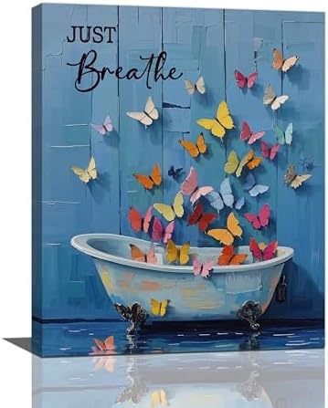 Butterfly Bathroom Wall Art Farmhouse Bathroom Decor Rustic Country Butterfly Canvas Painting Prints Just Breathe Pictures Artwork Decoration Framed for Toilet Restroom Gifts for Women Girl 16"x20"