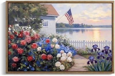 American Flag Framed Canvas Wall Art, 4th of July Patriotic Canvas Prints | Summer Cottage Landscape Poster Print, Vintage Independence Day Wall Decor for Bedroom Living Room 24×32in