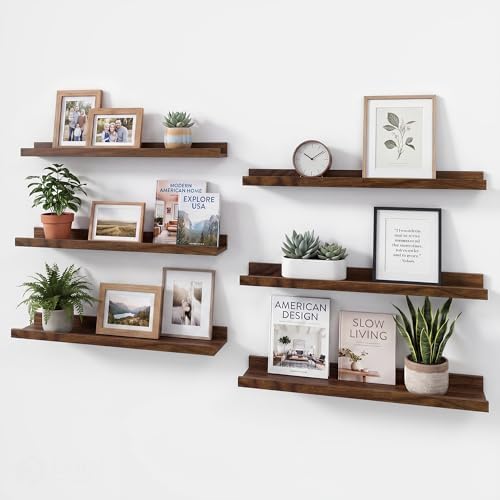 Acovy Floating Shelves Set of 6, 24 Inch Wall Mounted Picture Ledge Shelf with Lip, Walnut Display Shelves for Living Room, Bedroom, Nursery, Bathroom & Kitchen