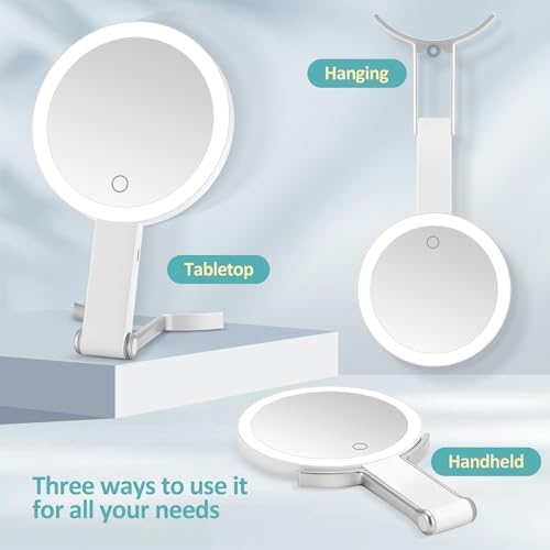 B Beauty Planet 30x/1x Magnifying Travel Mirror with Light, Double-Sided Rechargeable Adjustable Brightness 3 Colour Lighting, Folding, Handheld/Hangable/Tabletop, 3 Ways Using Mirror, White