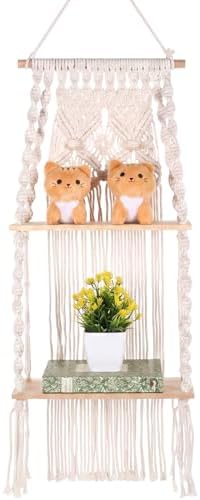 Barydat 1 Pack Macrame Wall Hanging Shelf 2 Tier Handmade Boho Hanging Wall Shelf Floating Woven Rope Decorative Storage Racks Holder Organizer for Home Bedroom Bathroom Plants, Beige (Elegant)
