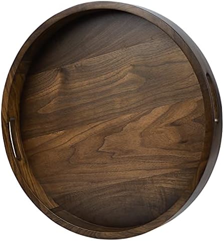 18" Round Medium Black Walnut Wood Ottoman Tray with Handle