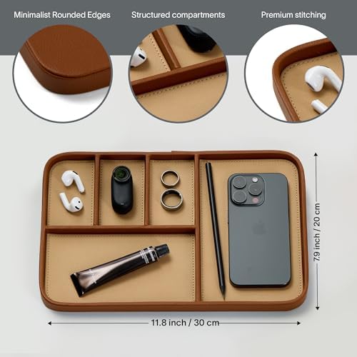 Nordik Leather Valet Tray - Large EDC Tray - Sand Brown 11.8 x 7.9 in