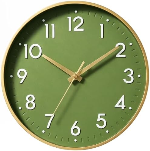 Mosewa 14 Inch Wall Clock Battery Operated Silent Non Ticking Analog | Olive green & gold modern clock; oversized 3D easy-read dial for kitchen, bedroom & office; 1 AA battery (not included)