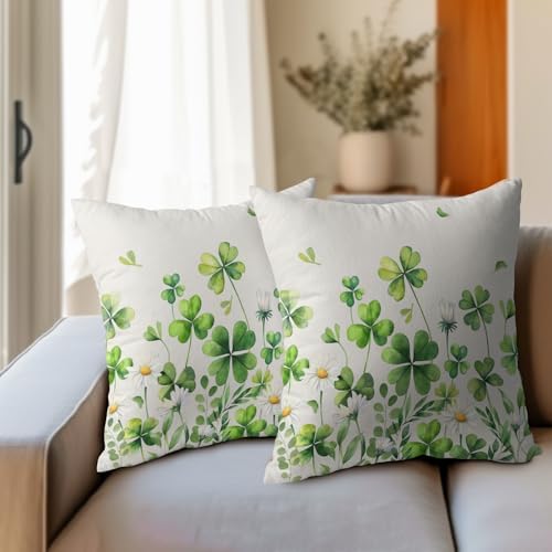 Saint Patrick Day Throw Pillow Covers Lucky Clover Shamrocks Daisy Floral Pillowcase 16x16in Set of 2 Spring St. Patrick's Day Holiday Decorative Cotton-Linen Square Cushion Cases for Home Couch Bed