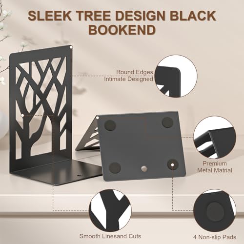 VFINE 4-Piece Modern Metal Bookends for Shelves, Black Tree Book Ends for Books, Decorative Book Organizer for Desk, Non-Skid Shelve Bookends for Home Office