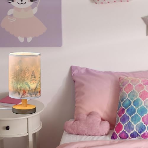 Winter Happy Gnomes Red Bird Xmas Tree Bedside Table Lamps with USB Port for Bedroom Lamp Accent Table Lamp Small Nightstand Lamp Sturdy Linen Shade Wooden Decorative Lamps for Home|Kids|Holiday