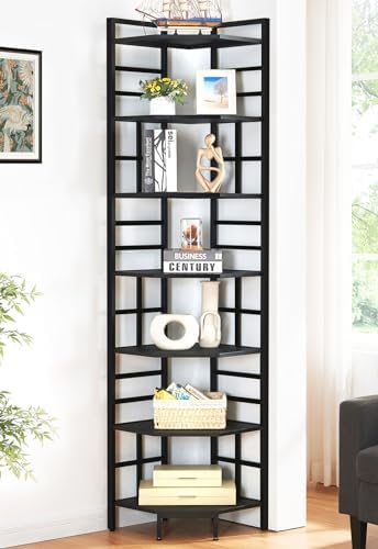 HOMISSUE Corner Shelf, 7 Tier Tall Narrow Bookshelf 82.6", Industrial Corner Bookcase with Storage for Home Office Living Room and Bedroom, Black