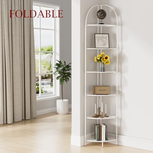 Crofy 6-Tier Foldable Corner Shelf, Metal White Frame & Shelves