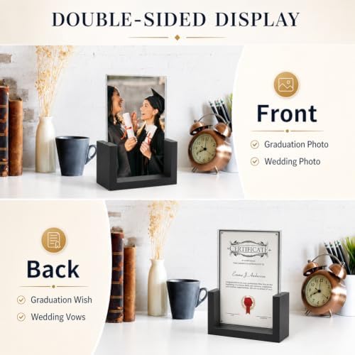 PETAFLOP 5x7 Picture Frame Set of 2, Black Rustic Wooden Photo Frames 5 by 7 Inch with HD Glass, U Shaped Double Sided Menu Holder Sign Card Stand for Tabletop Display