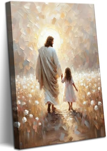 Jesus Walking with Girl Wall Art Christian Kids Room Wall Decor Jesus Children Prints Painting Christian Religious Artwork I Will Walk With Christ Prints for Girl Room Bedroom 16x24 Inch Ready to Hang