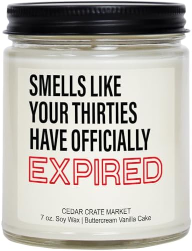 40th Birthday Gifts for Women – Funny “Your Thirties Have Officially Expired” Buttercream Vanilla Candle, 100% Soy Wax, Handmade Aromatherapy Gift for Wife, Mom, Sister, Friend