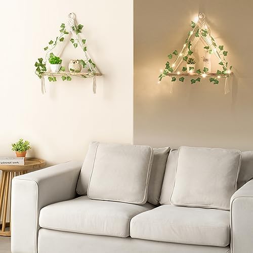 Mkono Macrame Wall Hanging Shelves Set of 2 with Artificial Ivy Lights