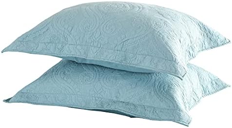 vctops 2-Piece Embroidered Cotton Quilted Pillow Shams Vintage Floral Decorative Pillow Covers Boho Pillow Cases Queen Size, Turquoise D