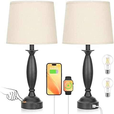 Bedroom Lamps for Nightstand, 3 Way Dimmable Black Bedside Lamps with USB
