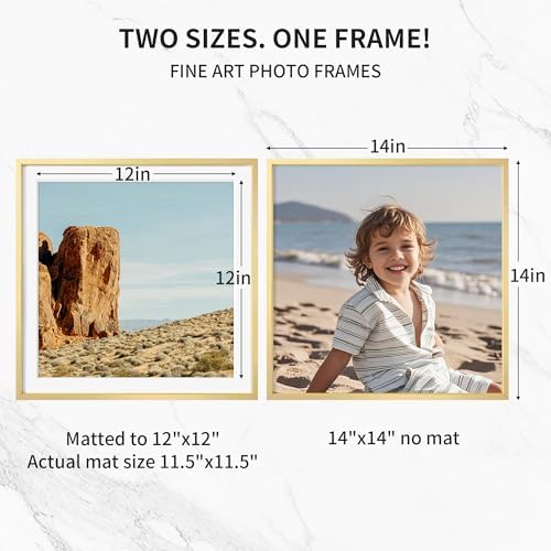 Fun Memories 14x14 Aluminum Picture Frame, Premium Square Photo Frames with Mat for 12x12 or Without Mat for 14x14, Simple and Elegant Decor for Wall Mounting, Gold, 1 Pack