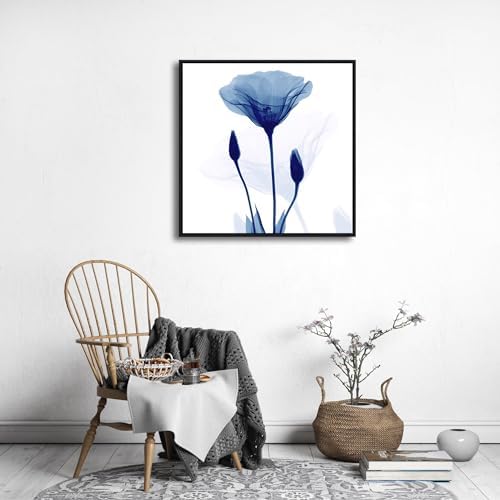 Pyradecor Framed Blue Xray Transparent Flower Canvas Wall Art, Minimalist Translucent Floral X-Ray Art Print, Modern Navy Blue Botanical Picture with Black Frame Ready to Hang for Bedroom Living Room Bathroom Home Decor