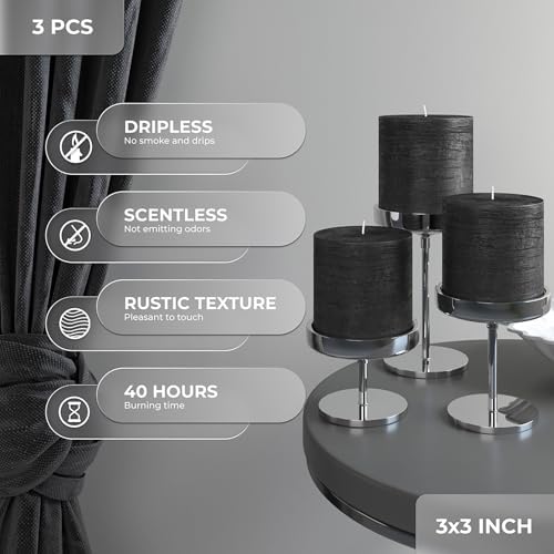 CANDWAX 3x3 Pillar Candles Set of 3 - Rustic Unscented No Drip Black Candles for Halloween Decor, Parties, Gothic Décor