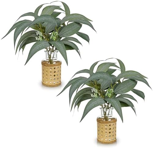 2Pcs Artificial Eucalyptus Stems in Glass Vase with Faux Water and Woven Basket 11" Fake Greenery Plant Willow Eucalyptus Leaves for Home Office Farmhouse Bedroom Kitchen Table Centerpiece Decor