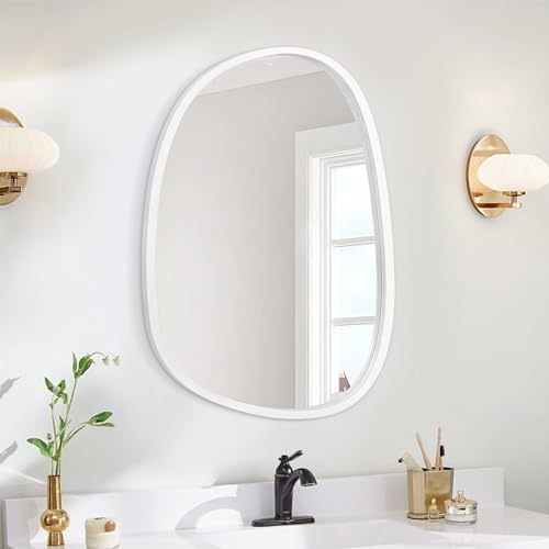 Asymmetrical Mirror Irregular Wall Mirror Oval Wood Frame Wall Mirror for Bathroom Wall Mirrors Decorative for Bedroom Living Room Entryway Hallway Unique Hanging Mirror White