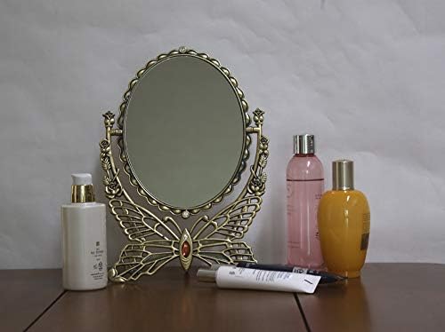 SEHAMANO Vintage Antique Butterfly Patterned Metal Frame Makeup Table Mirror, Decorative Oval Shaped Stand, Vanity Cosmetic Double Sided Rotatable Ellipse Mirror (Brass (Matt Gold), Large)
