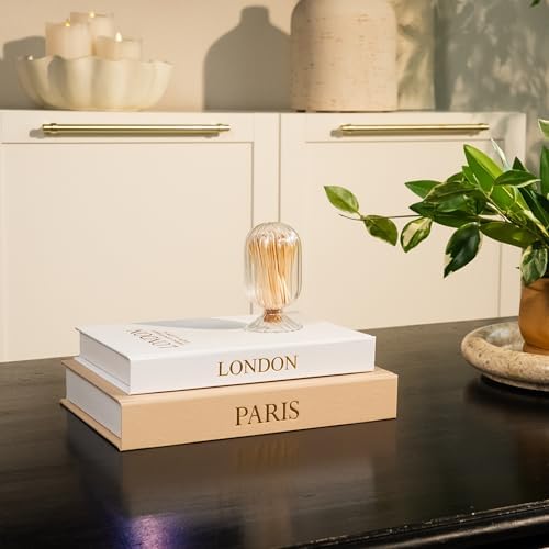 Decorative Books with Storage (Caramel/Beige) – Set of 2 Faux Linen Book Boxes with Gold Stamped Covers – Enhance Your Coffee Table, Bookshelf Decor – Hidden Storage for Photos, Keepsakes, and Jewelry