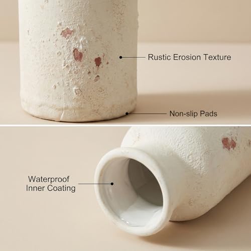 Vintage Ceramic Flower Vase Set of 3, Rustic Farmhouse Vase for Home Decor, Distressed Decorative Vase for Table Entryway Mantel Centerpiece Living Room Bathroom Bedroom (Weathered White)