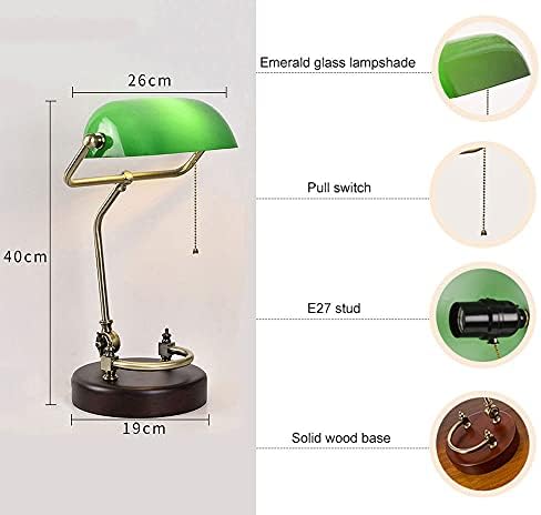 Table lamp Emerald Green Glass Reading Light Wooden Base 1920's Classic Banker lamp Green Pull Switch LED Desk lamp Adjustable 360 Degree lampshade Office/Bedroom/Study E27. (Model-B)