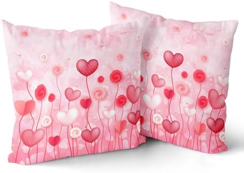 Giwawa Love Hearts Pillow Cover Set of 2 Red Pink Dots Heart Floral Cushion Covers Valentines Day Decorative Square Cotton Throw Pillowcases 16x16 Inches for Couch Sofa Bedding Wedding Holiday