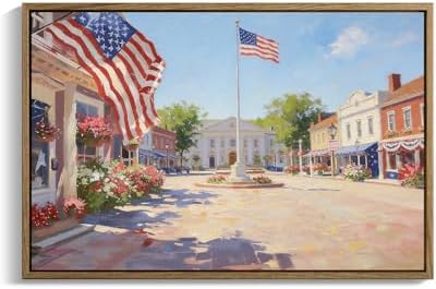 American Flag Framed Canvas Wall Art, 4th of July Patriotic Canvas Prints | USA Flag with Small Town Street Poster Print, Independence Day Wall Decor for Bedroom Living Room 24×36in