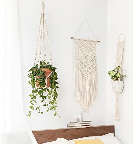 Mkono Macrame Plant Hanger Indoor 35 Inch Hanging Planter Basket Ivory 2Pcs