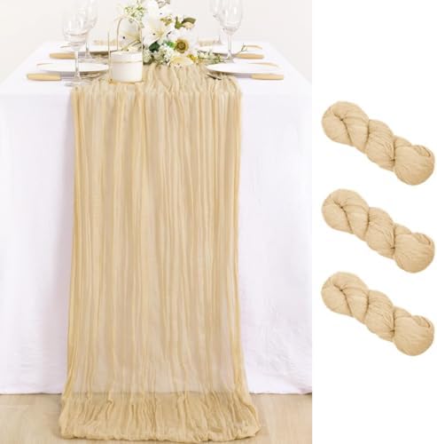 3 Pack Champagne Cheesecloth Table Runner 10ft Boho Sand Gauze Decor