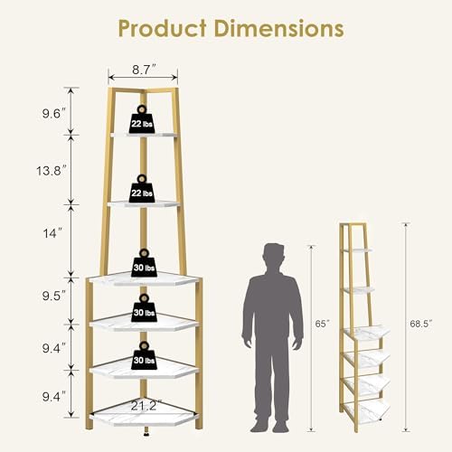 VECELO 6 Tier Corner Shelf 69 Inch Industrial Bookshelf with Metal Frame, Multipurpose Tall Plant Stand with Opening Display Shelves for Living Room, Bedroom, Home Office, Small Space, Gold