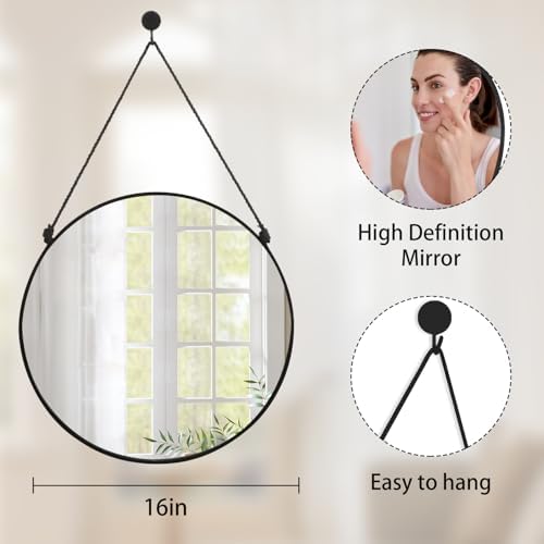 Circle Hanging Wall Mirror Round Mirror for Bathroom Black | Small Wall Mounted Mirror, 16'', Modern Home Decor, For Living Room Bedroom Entryway Hallway Washroom Dorm