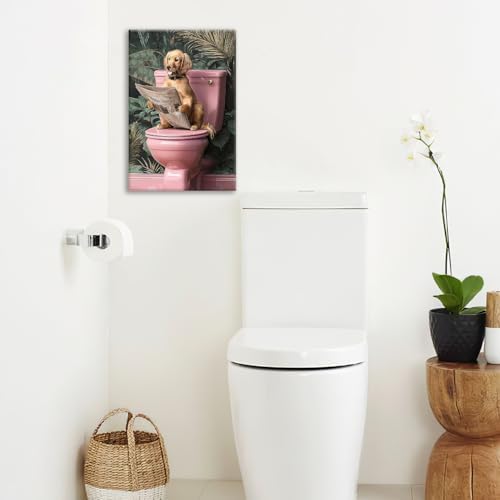 Crekviy Funny Golden Retriever Bathroom Decor Wall Art Dog Sitting on Toilet Pictures Cute Puppy Canvas Prints Painting Animal Restroom Artwork Home Decorations Framed Dog Gifts 16"x24"