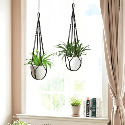LEWESU Macrame Plant Hanger Indoor Set of 2 with 4 Hooks, Indoor Outdoor Hanging Planter for Plants Holder with Decorative Wood Beads & No Tassels, Boho Home Decor, 35 Inch Black (Pots Not Included)