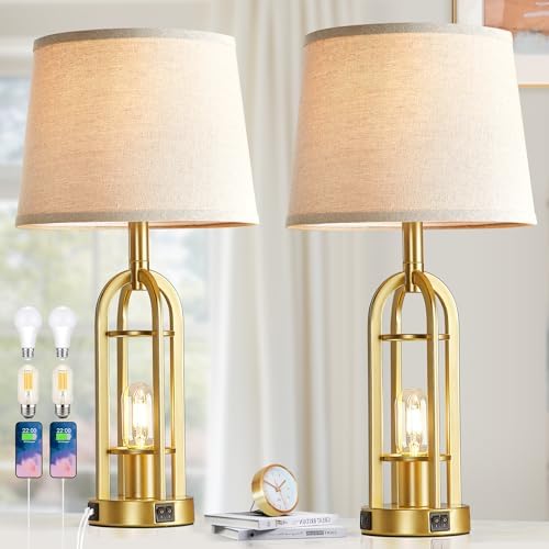 SRJJA Gold Table Lamps for Living Room Set of 2 - Modern Farmhouse Bedside Lamps for Bedroom Night Stands with Nightlight and USB A+C, Industrial Lamp for Living Room End Tables