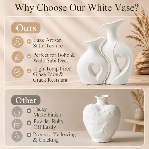 Heart Shaped Flower Vase Set Wabi Sabi Boho Ceramic Vases (White) | Coffee Table Vase, Couples Wedding Gifts, Decorative Vases, Home Decor Vase for Pottery Engagement Living Room Dining Shelf