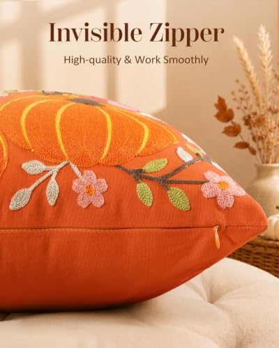Fall Embroidered Throw Pillow Cover 18x18 Inch, Pumpkin Floral