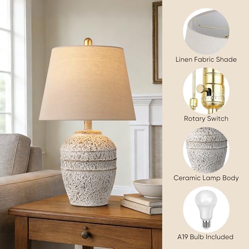 Farmhouse Ceramic Table Lamp, Natural Distressed Earth Tone Finish, Grey